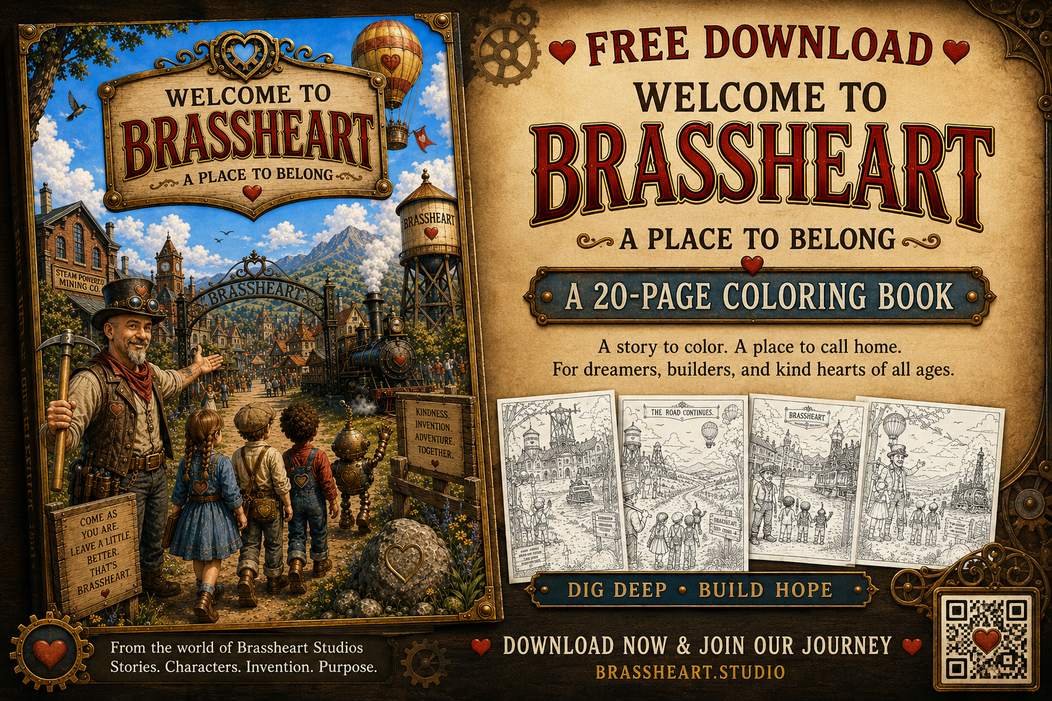 Welcome to Brassheart — A Place to Belong: cover art and sample pages from the free 20-page printable coloring book