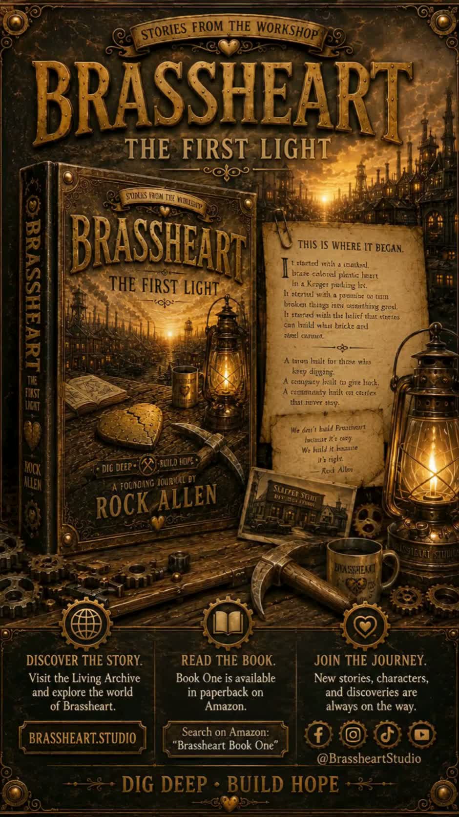 Brassheart: The First Light — paperback cover displayed on a workshop bench beside a brass lantern