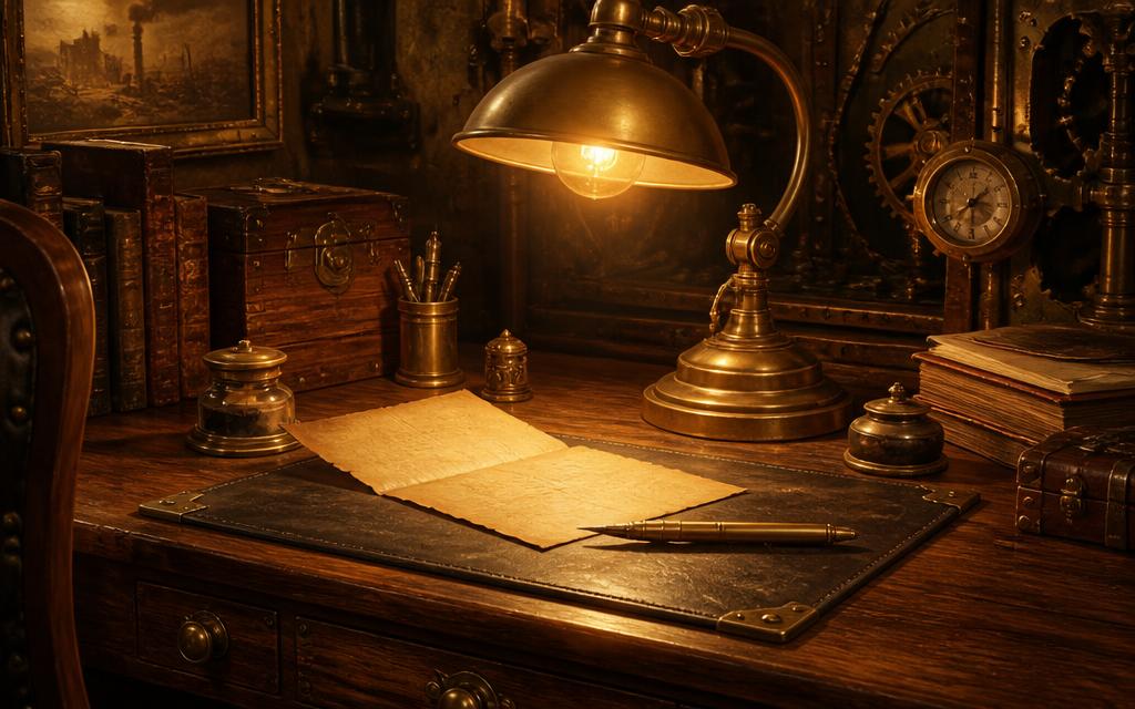An old writing desk beneath a glowing brass lamp with an open letter and a brass pen